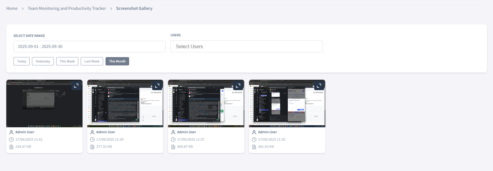 Screenshot gallery with privacy controls and content filtering options